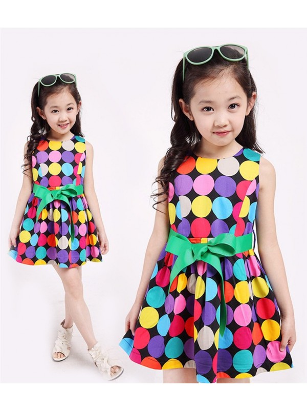 Summer Girls Fashion Rainbow Color Polka Dot Sleev...