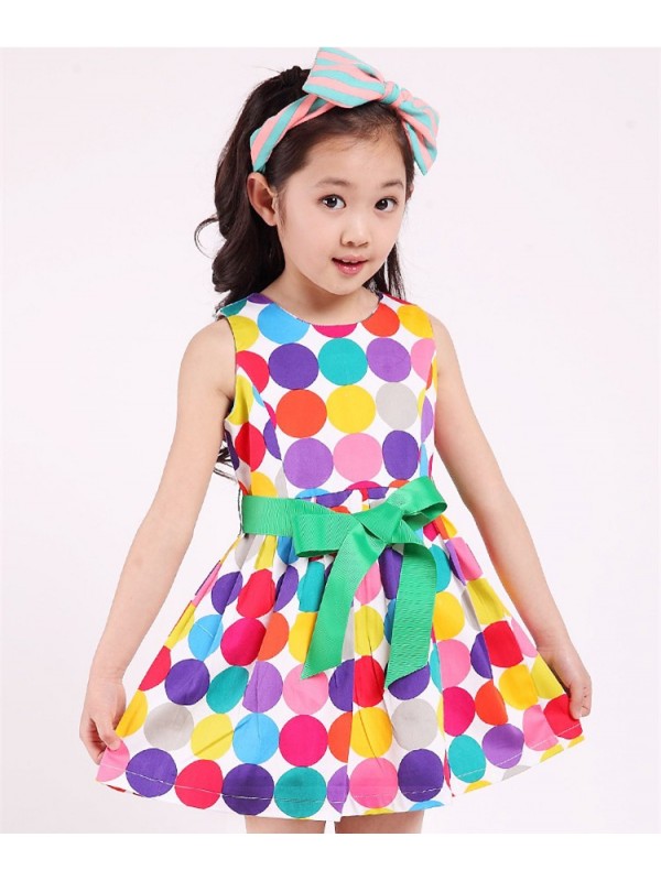 Summer Girls Fashion Rainbow Color Polka Dot Sleeveless Round Neck Big Green Ribbon Bow Belt Cotton Princess Party Show Skater Dress Free Shipping