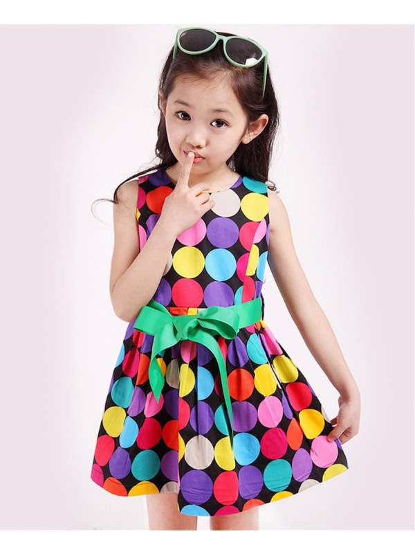 Summer Girls Fashion Rainbow Color Polka Dot Sleeveless Round Neck Big Green Ribbon Bow Belt Cotton Princess Party Show Skater Dress Free Shipping