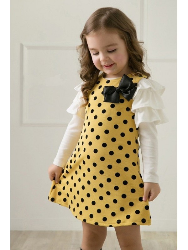 Sweetheart Baby Girls Toddler Kids Cute Polka Dot Long Flounced Sleeve Ribbon Bow Front Cotton Princess Party Dress Free Shipping