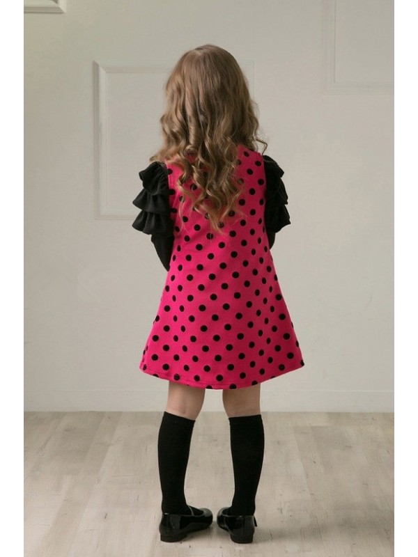 Sweetheart Baby Girls Toddler Kids Cute Polka Dot Long Flounced Sleeve Ribbon Bow Front Cotton Princess Party Dress Free Shipping