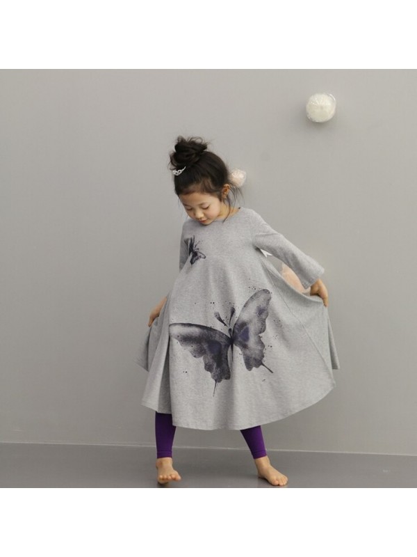 Spring Fashion Baby Girls' Butterfly Print Long Sleeve Kids' Cotton Princess Party Dress Free Shipping