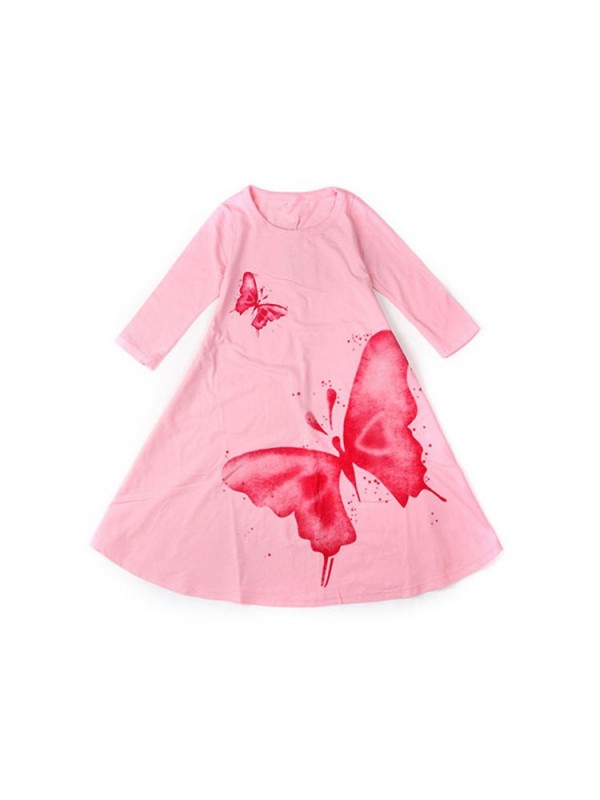 Spring Fashion Baby Girls' Butterfly Print Long Sleeve Kids' Cotton Princess Party Dress Free Shipping