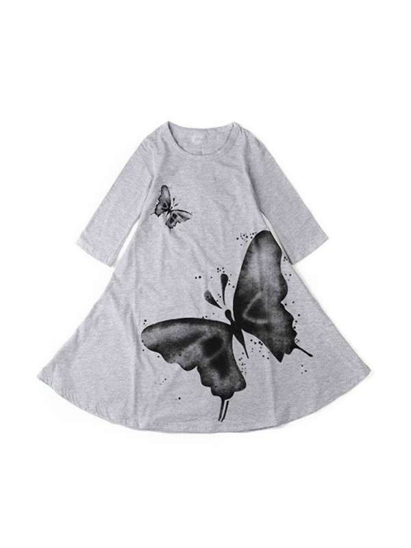 Spring Fashion Baby Girls' Butterfly Print Long Sleeve Kids' Cotton Princess Party Dress Free Shipping